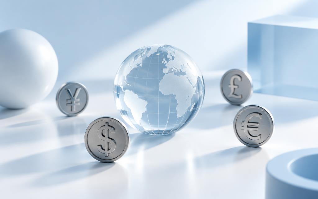 Globo terráqueo y monedas con símbolos de divisas