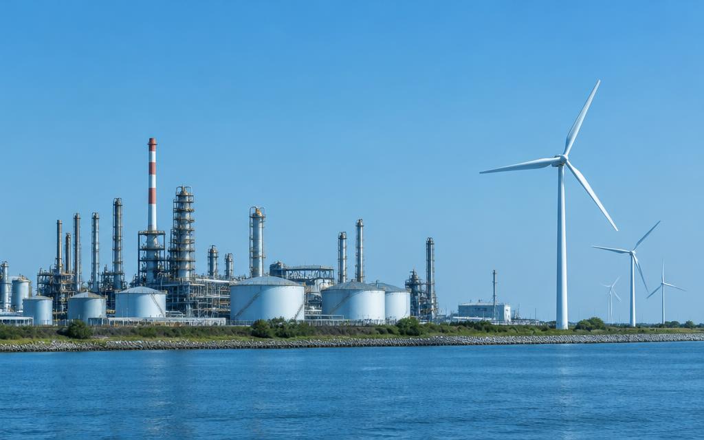 Refinería y aerogeneradores junto al mar