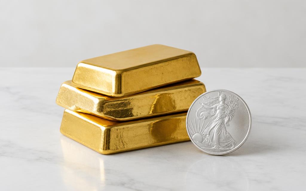 Lingotes de oro y una moneda de plata